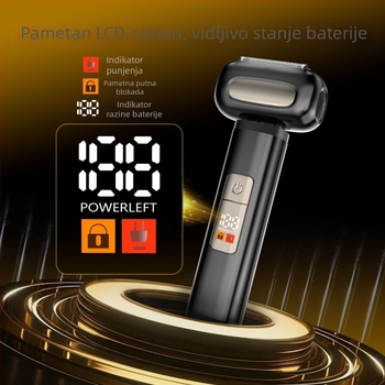 Električni brijač s glavom od 4 oštrica, periva glava, LED zaslon, ugrađena baterija 1000–1200 mAh, punjiva, mokro/suho brijanje, motor s četkama, niska buka