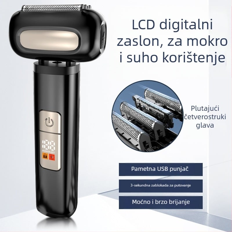Električni brijač s glavom od 4 oštrica, periva glava, LED zaslon, ugrađena baterija 1000–1200 mAh, punjiva, mokro/suho brijanje, motor s četkama, niska buka