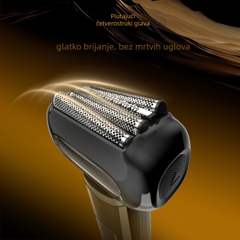 Električni brijač s glavom od 4 oštrica, periva glava, LED zaslon, ugrađena baterija 1000–1200 mAh, punjiva, mokro/suho brijanje, motor s četkama, niska buka