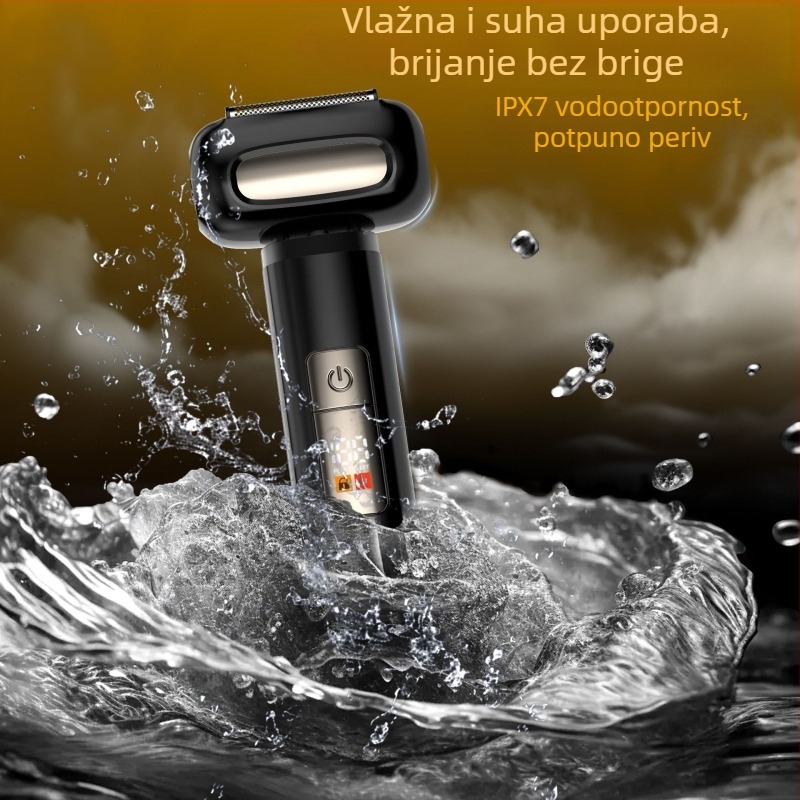 Električni brijač s glavom od 4 oštrica, periva glava, LED zaslon, ugrađena baterija 1000–1200 mAh, punjiva, mokro/suho brijanje, motor s četkama, niska buka