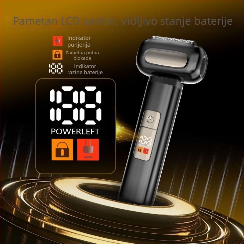 Električni brijač s glavom od 4 oštrica, periva glava, LED zaslon, ugrađena baterija 1000–1200 mAh, punjiva, mokro/suho brijanje, motor s četkama, niska buka