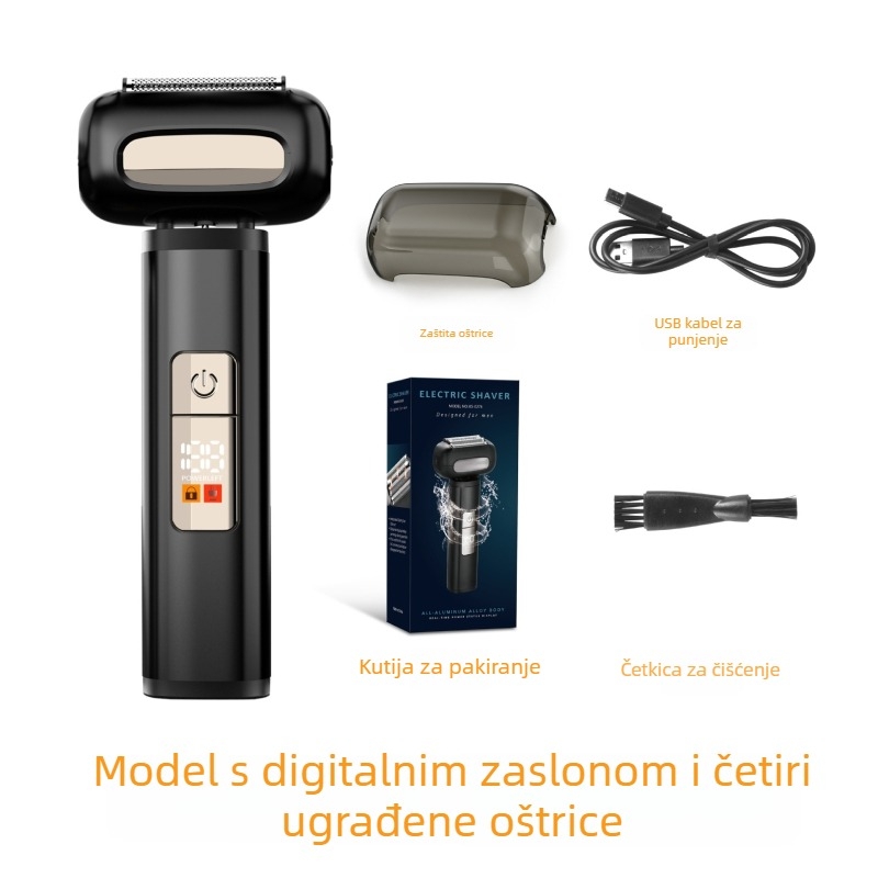 Električni brijač s glavom od 4 oštrica, periva glava, LED zaslon, ugrađena baterija 1000–1200 mAh, punjiva, mokro/suho brijanje, motor s četkama, niska buka