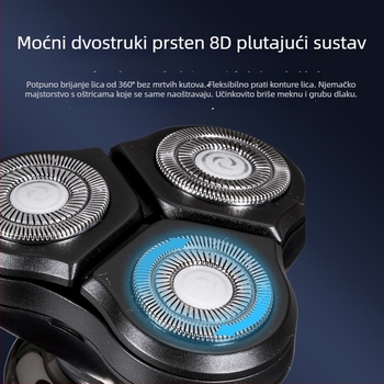 Električni brijač s tri glave, plutajuća glavna oštrica, ugrađena baterija, trajanje rada preko 60 minuta, potpuno periv dizajn