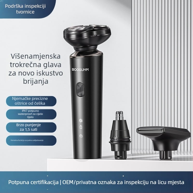 Električni brijač s tri glave, plutajuća glavna oštrica, ugrađena baterija, trajanje rada preko 60 minuta, potpuno periv dizajn