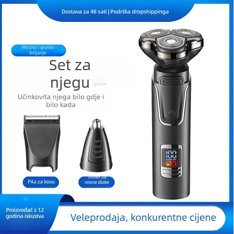Električni brijač s rotirajućom glavom od 3 dijela, motor bez četkica, ugrađena baterija 500–800 mAh, trajanje >60 minuta, potpuno periva konstrukcija