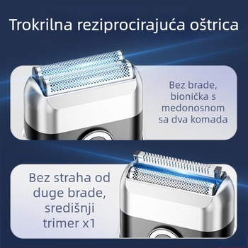 Mini električni brijač s hodom naprijed-natrag, brzo punjenje, prenosiv u autu, za muškarce, kućna upotreba (3-glave rezni sustav; uklonjiva i periva glava; trajanje baterije više od 60 minuta; punjivi; motor s četkama)