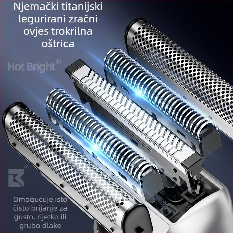 Mini električni brijač s hodom naprijed-natrag, brzo punjenje, prenosiv u autu, za muškarce, kućna upotreba (3-glave rezni sustav; uklonjiva i periva glava; trajanje baterije više od 60 minuta; punjivi; motor s četkama)