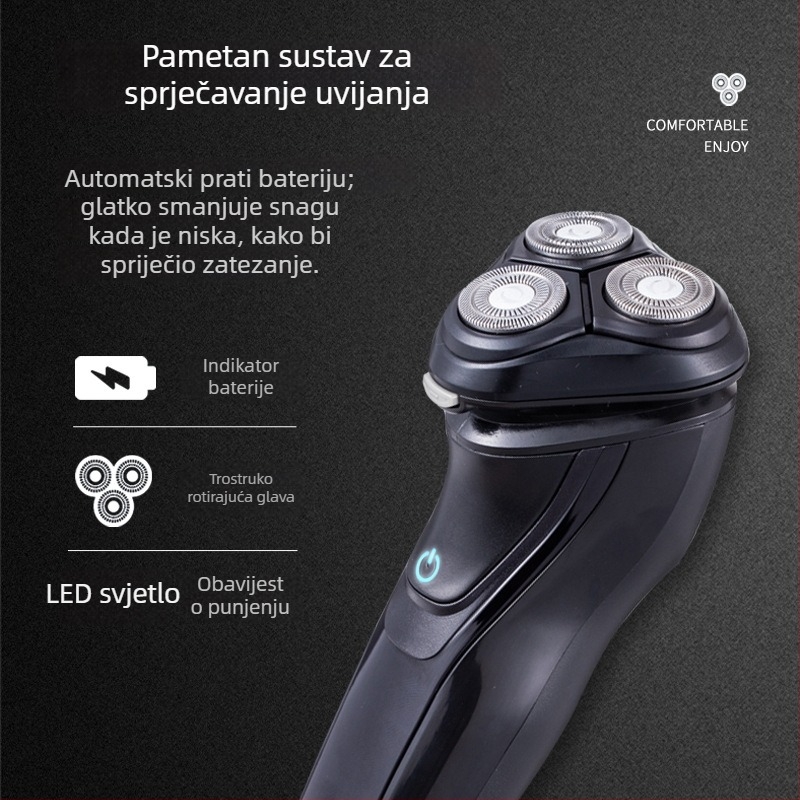 Električni brijač s rotacijskom glavom od 3 oštrice, plutajuća glava za brijanje, motor bez četkica, ugrađena baterija, radno vrijeme 45–60 minuta (Rotacijska glava od 3 oštrice, plutajuća glava, motor bez četkica, ugrađena baterija, radno vrijeme 45–60 mi