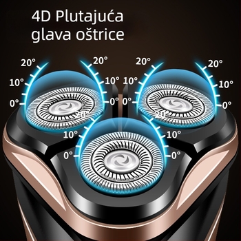 Električni brijač s trostrukom rotacijskom glavom i plutajućom glavom, LED zaslon, brushless motor, ugrađena baterija 300–500 mAh, periva glava
