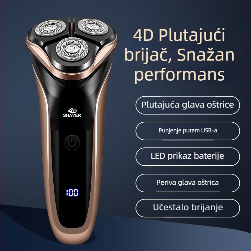 Električni brijač s trostrukom rotacijskom glavom i plutajućom glavom, LED zaslon, brushless motor, ugrađena baterija 300–500 mAh, periva glava
