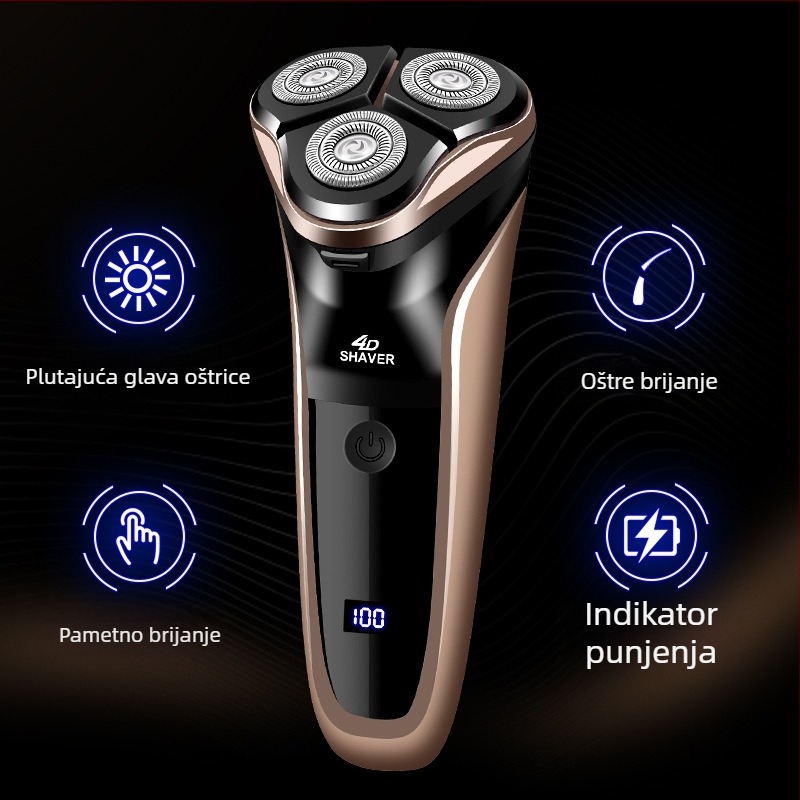 Električni brijač s trostrukom rotacijskom glavom i plutajućom glavom, LED zaslon, brushless motor, ugrađena baterija 300–500 mAh, periva glava