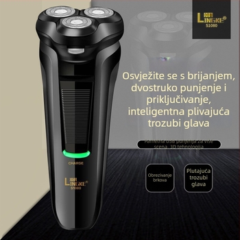 Lingke LK-S1080 električni brijač s plutajućom glavom, rotirajuća glava s tri oštrice, periva, ugrađena baterija, autonomija više od 60 minuta