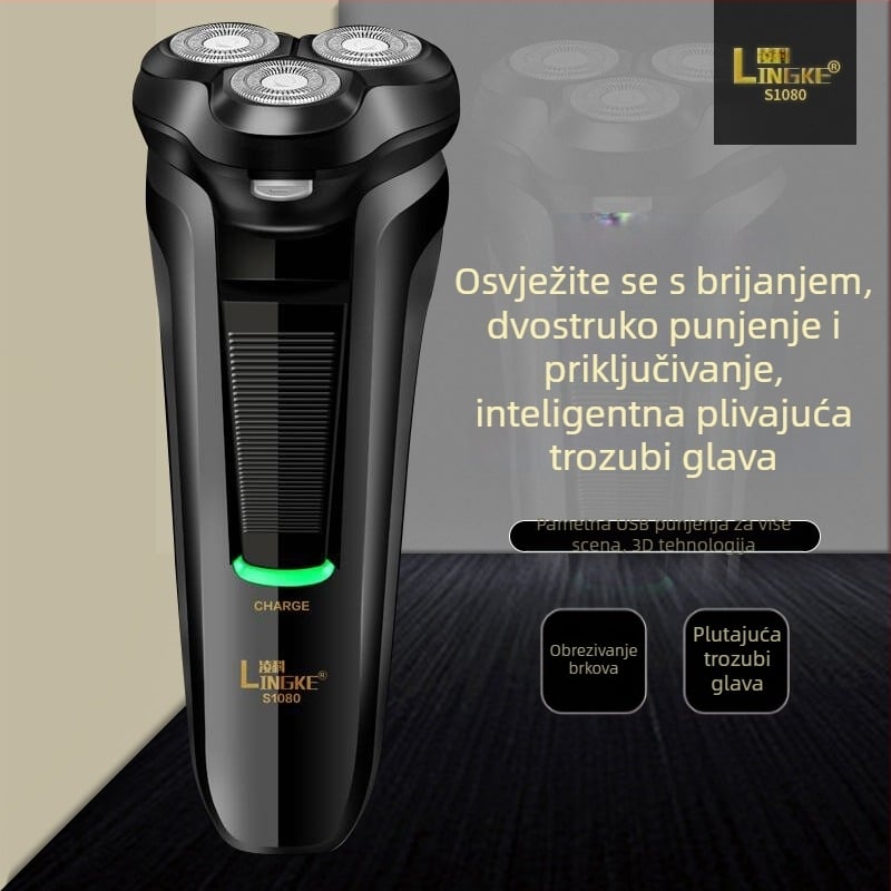 Lingke LK-S1080 električni brijač s plutajućom glavom, rotirajuća glava s tri oštrice, periva, ugrađena baterija, autonomija više od 60 minuta
