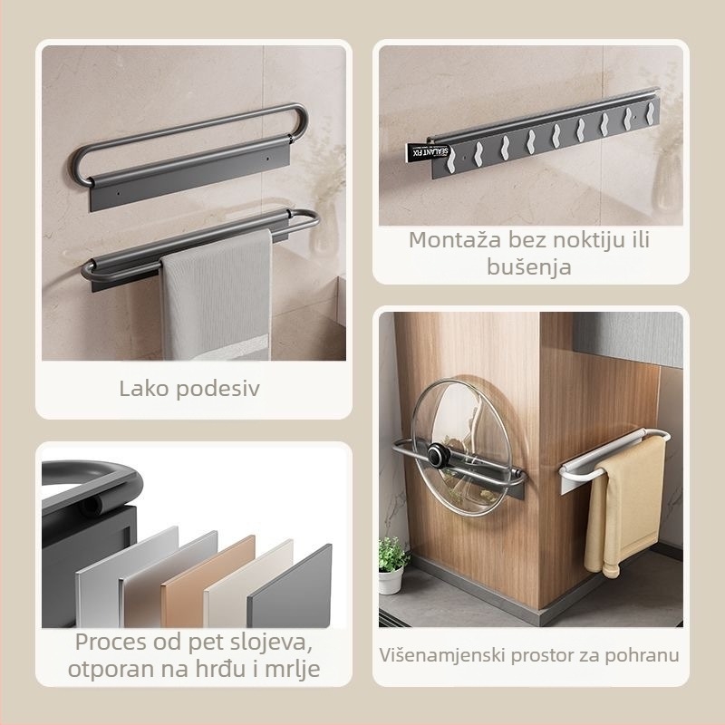 Držač ručnika za zid, sklopni, bez bušenja, od aluminija, nosivost 10 kg