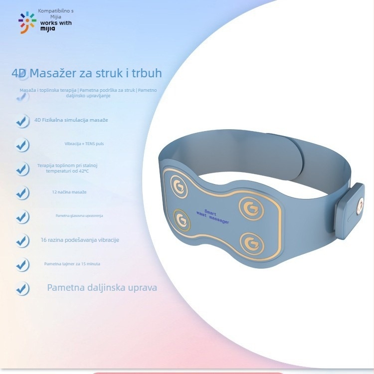 Električni pojas za masažu struka s grijaniem i vibracijom, do 4 masažne glavice, napajanje baterijom, upravljanje: tip računala, kontinuirano podešavanje intenziteta