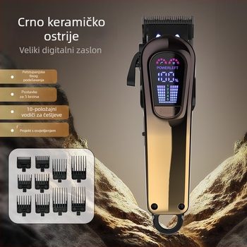 Set električnog šišanja kose s pet brzina podešavanja snage i ugrađenim svjetlom na glavi, odvojiva keramička oštrica, litij‑ionska baterija 2000–4000mAh, autonomija 1–3 h.