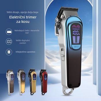 Set električnog šišanja kose s pet brzina podešavanja snage i ugrađenim svjetlom na glavi, odvojiva keramička oštrica, litij‑ionska baterija 2000–4000mAh, autonomija 1–3 h.