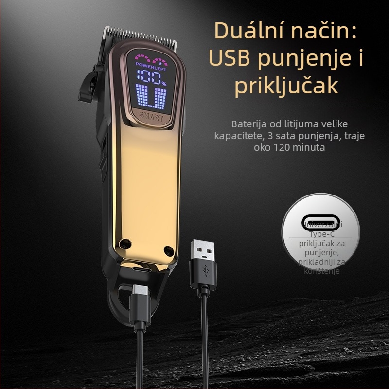 Set električnog šišanja kose s pet brzina podešavanja snage i ugrađenim svjetlom na glavi, odvojiva keramička oštrica, litij‑ionska baterija 2000–4000mAh, autonomija 1–3 h.