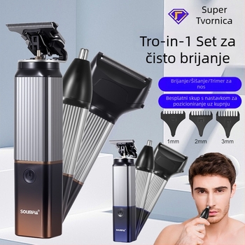 Solimpia električni set za kosu i brijanje s plutajućom glavom, dvostruka recirpationalna glava, trimer za nos, ugrađena baterija 500–800 mAh, motor s četkicama, punjivi, do 90 minuta rada