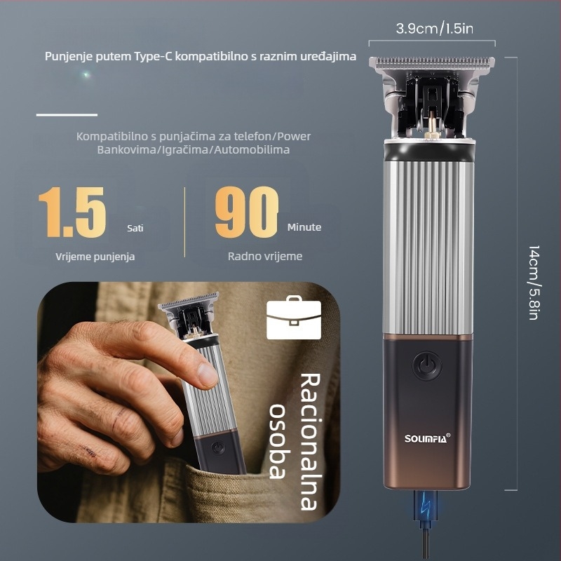 Solimpia električni set za kosu i brijanje s plutajućom glavom, dvostruka recirpationalna glava, trimer za nos, ugrađena baterija 500–800 mAh, motor s četkicama, punjivi, do 90 minuta rada