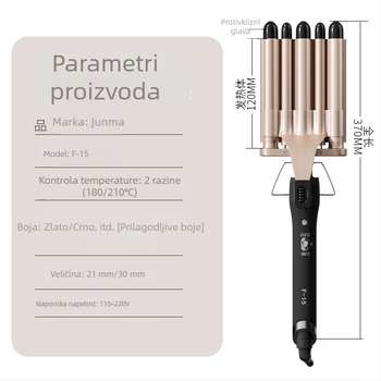 Kovrčavi uvijač za jajne rolice s pet cijevi, vodoravni uzorak vala; 75W, 110–220V, promjer 21–30 mm, 2 odjeljka od ekološki prihvatljivog legiranog materijala