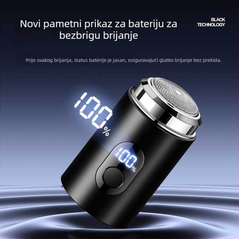 Muški električni brijač s LCD zaslonom – rotirajuća glava, skidljiva i periva glava, ugrađena baterija, trajanje 30–45 minuta, punjiv, tih rad