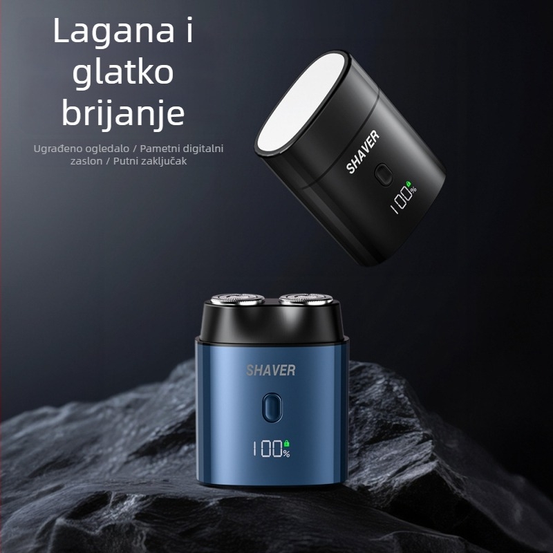 Električni brijač s plutajućom glavom, rotirajuća glava s dvije oštrice, odvojiva i periva glava za brijanje, ugrađena punjiva baterija 300–500 mAh, radno trajanje 45–60 minuta