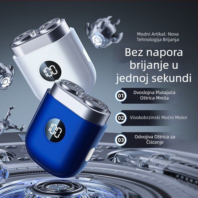 Kompaktni električni brijač za putovanja, bežični, s dvostrukom glavom, odvojivom i perivom glavom, LED zaslon