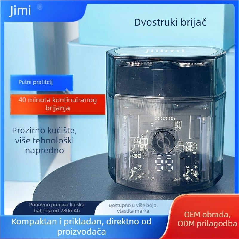 Jiiimi električni brijač s rotirajućom glavom i dvije oštrice; ugrađena baterija; trajanje baterije do 60 minuta; vrijeme punjenja 1 sat