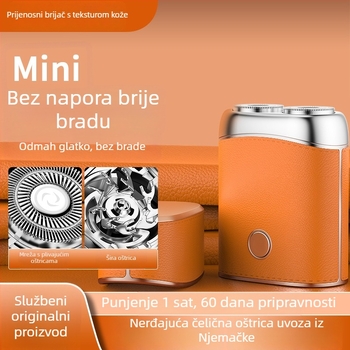 Mini električni brijač s bezčetkastim motorom, rotirajuća glavica s dvije oštrice, USB punjenje, mokro i suho brijanje, trajanje baterije 1 sat.
