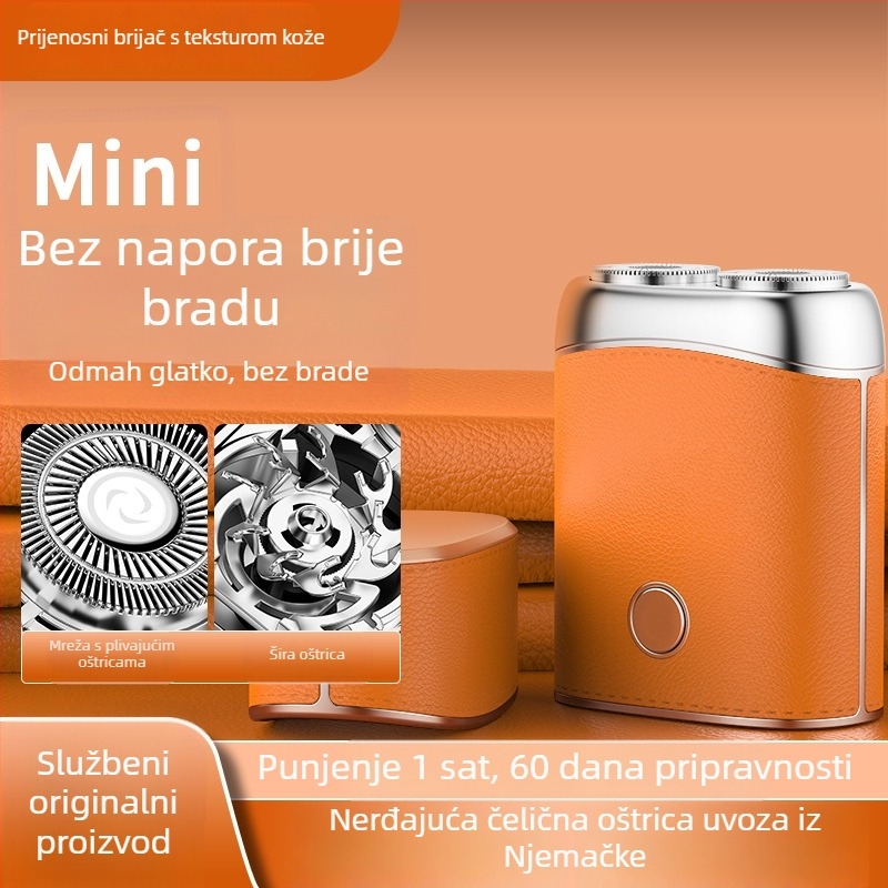 Mini električni brijač s bezčetkastim motorom, rotirajuća glavica s dvije oštrice, USB punjenje, mokro i suho brijanje, trajanje baterije 1 sat.