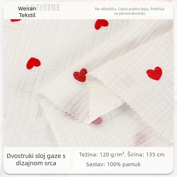 100% pamuk, otisak srca, dvostruko slojevita gaze krepa tkanina, digitalni otisak, oprana tekstura
