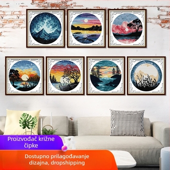 Set za križićno šivanje – krajina s zalaskom sunca i punim mjesecom, platno 11 ct, ekološki pamuk, pogodno za dnevni boravak/spavaću sobu/dječju sobu