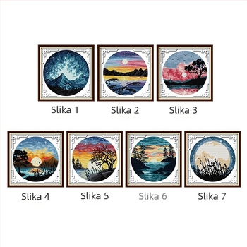 Set za križićno šivanje – krajina s zalaskom sunca i punim mjesecom, platno 11 ct, ekološki pamuk, pogodno za dnevni boravak/spavaću sobu/dječju sobu