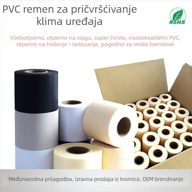 PVC traka za obavijanje bakrenih cijevi vanjske klimatizacijske jedinice – bez ljepila, izolacija, vodootporna. Karakteristike: Materijal PVC; Toplinski koeficijent 0.035; Radna temperatura 200; Proširenje pri lomu ≥30; Sila kompresije ≥30