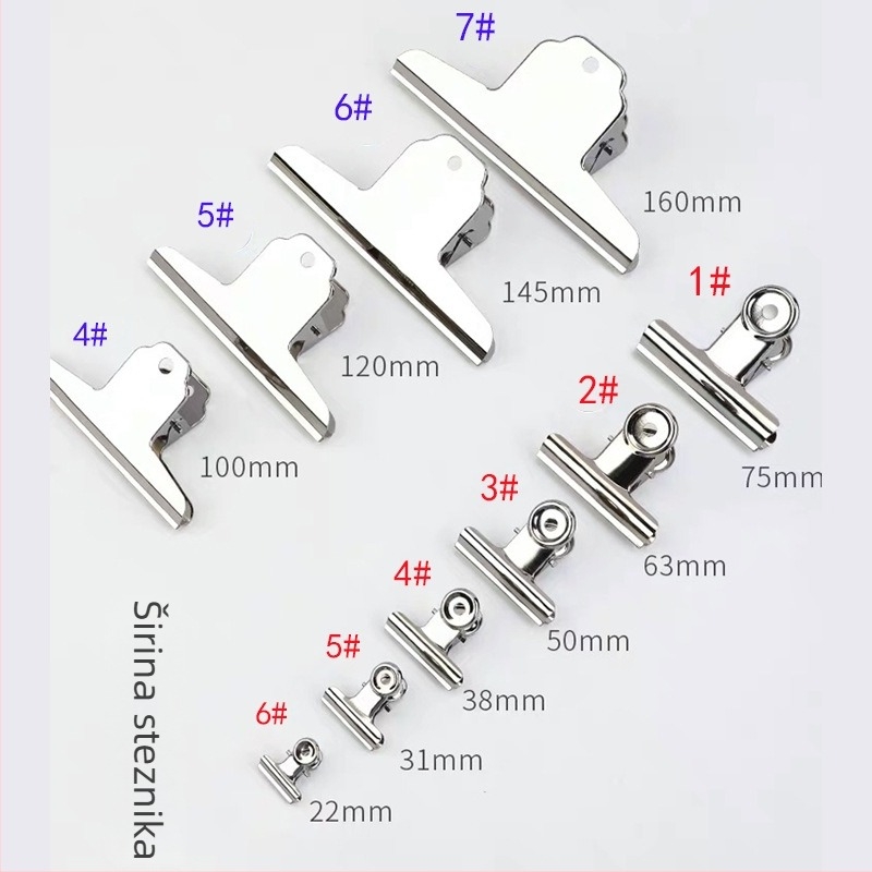 Weili veliki klips za dokumente od nehrđajućeg čelika; materijal: nehrđajući čelik; težine: 27 g, 40 g, 60 g, 85 g, 90 g.