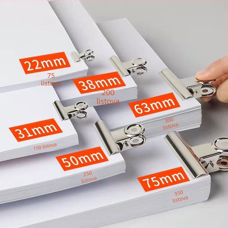 Weili veliki klips za dokumente od nehrđajućeg čelika; materijal: nehrđajući čelik; težine: 27 g, 40 g, 60 g, 85 g, 90 g.