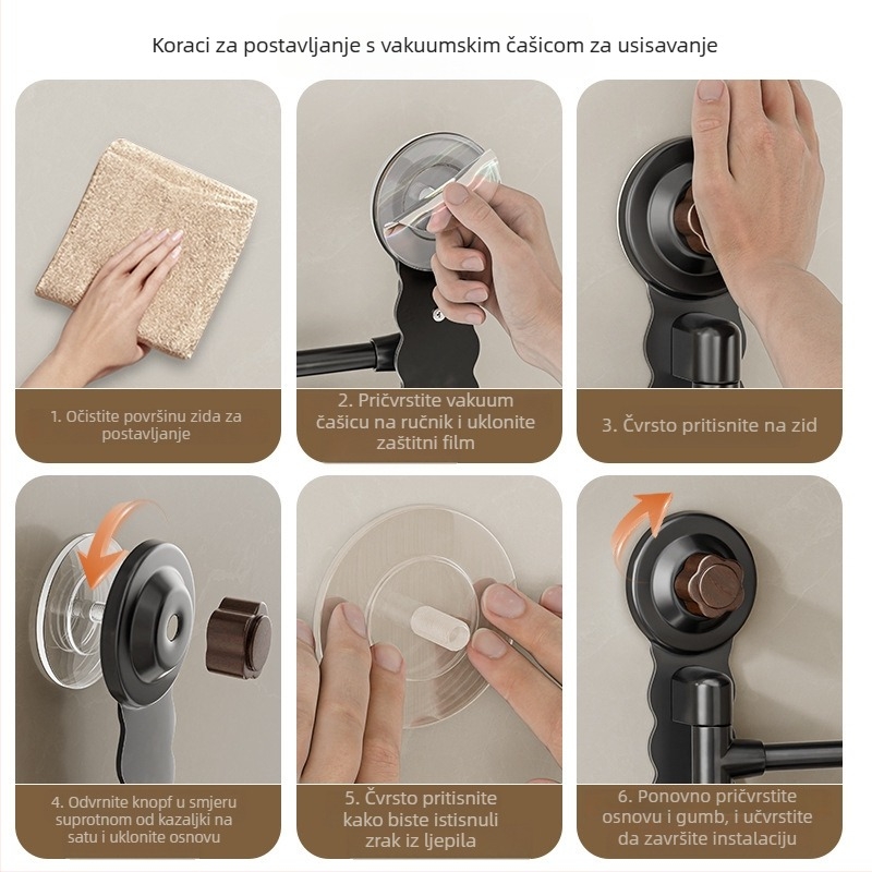 Zidni rotirajući držač za ručnike s suction cup, bez bušenja, ABS+karbonska čelika+PP, nosivost 5 kg, moderni minimalistički dizajn