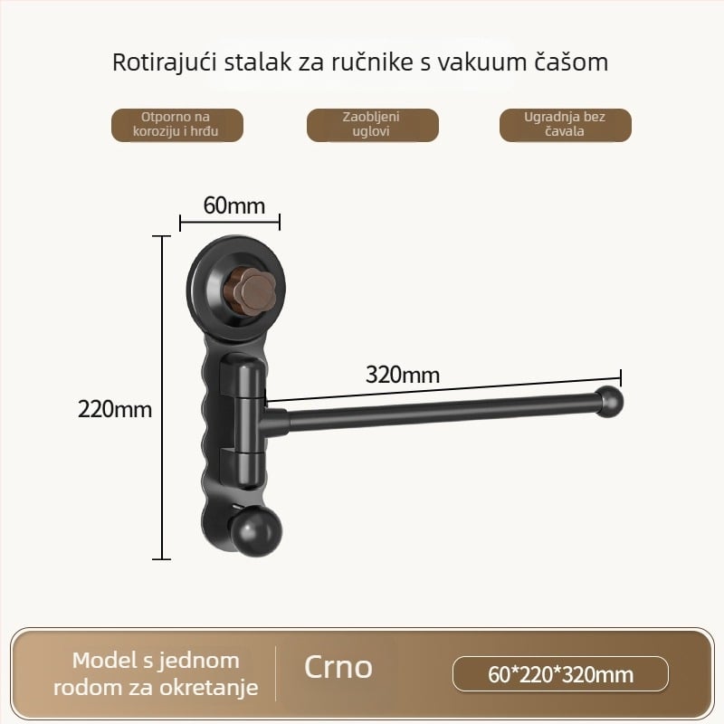 Zidni rotirajući držač za ručnike s suction cup, bez bušenja, ABS+karbonska čelika+PP, nosivost 5 kg, moderni minimalistički dizajn