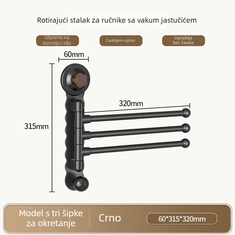 Zidni rotirajući držač za ručnike s suction cup, bez bušenja, ABS+karbonska čelika+PP, nosivost 5 kg, moderni minimalistički dizajn
