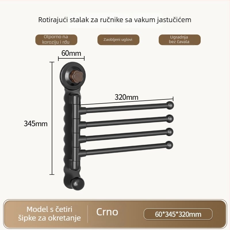Zidni rotirajući držač za ručnike s suction cup, bez bušenja, ABS+karbonska čelika+PP, nosivost 5 kg, moderni minimalistički dizajn
