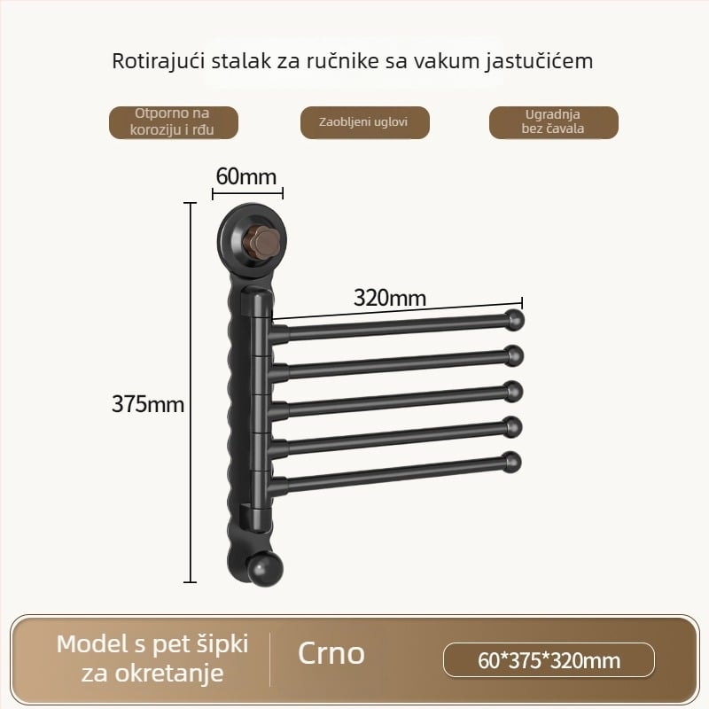 Zidni rotirajući držač za ručnike s suction cup, bez bušenja, ABS+karbonska čelika+PP, nosivost 5 kg, moderni minimalistički dizajn