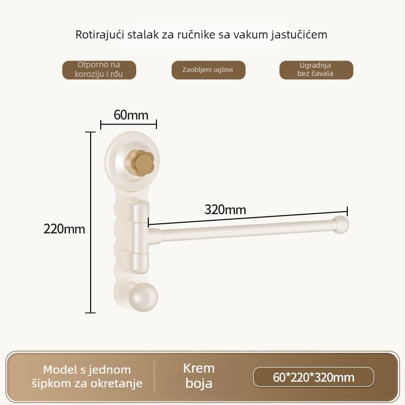 Zidni rotirajući držač za ručnike s suction cup, bez bušenja, ABS+karbonska čelika+PP, nosivost 5 kg, moderni minimalistički dizajn