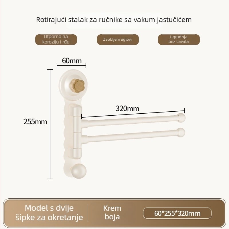 Zidni rotirajući držač za ručnike s suction cup, bez bušenja, ABS+karbonska čelika+PP, nosivost 5 kg, moderni minimalistički dizajn