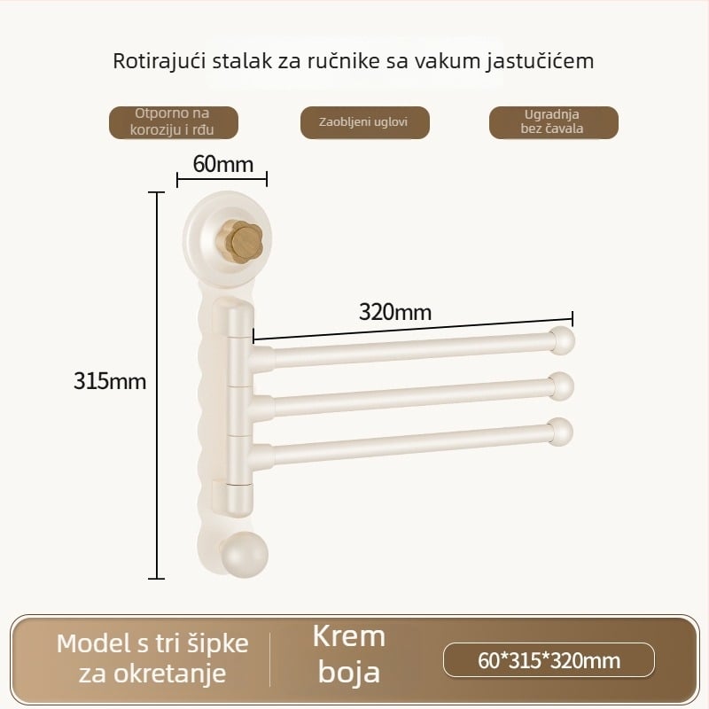 Zidni rotirajući držač za ručnike s suction cup, bez bušenja, ABS+karbonska čelika+PP, nosivost 5 kg, moderni minimalistički dizajn