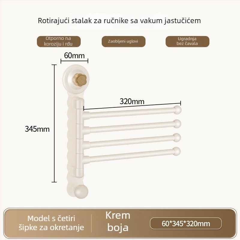 Zidni rotirajući držač za ručnike s suction cup, bez bušenja, ABS+karbonska čelika+PP, nosivost 5 kg, moderni minimalistički dizajn