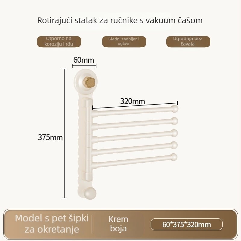 Zidni rotirajući držač za ručnike s suction cup, bez bušenja, ABS+karbonska čelika+PP, nosivost 5 kg, moderni minimalistički dizajn