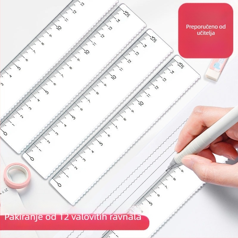 Prozirno plastično ravnalo s valovitim rubom i centimetarskom skalom za prvi razred