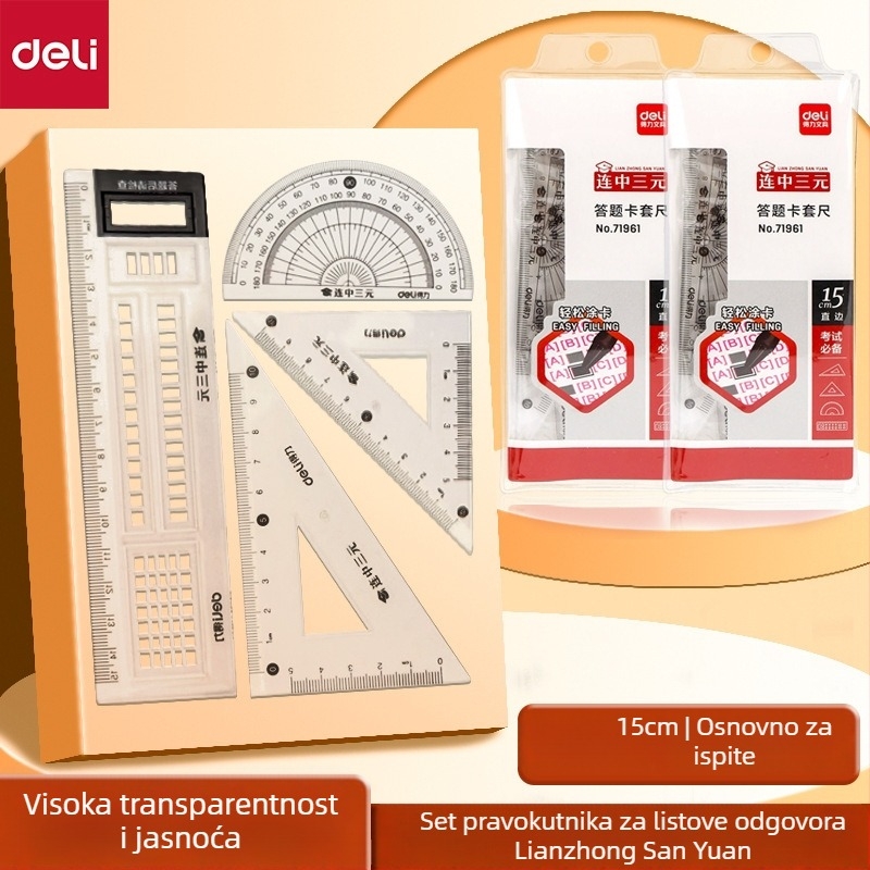 Deli 71961 Studenski ispit četverodijelni set: pravilo, kutnik, kutomjer, list odgovora, plastični