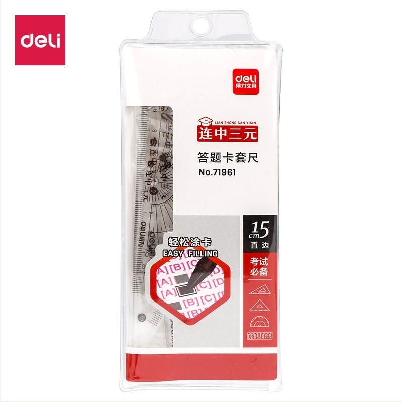 Deli 71961 Studenski ispit četverodijelni set: pravilo, kutnik, kutomjer, list odgovora, plastični